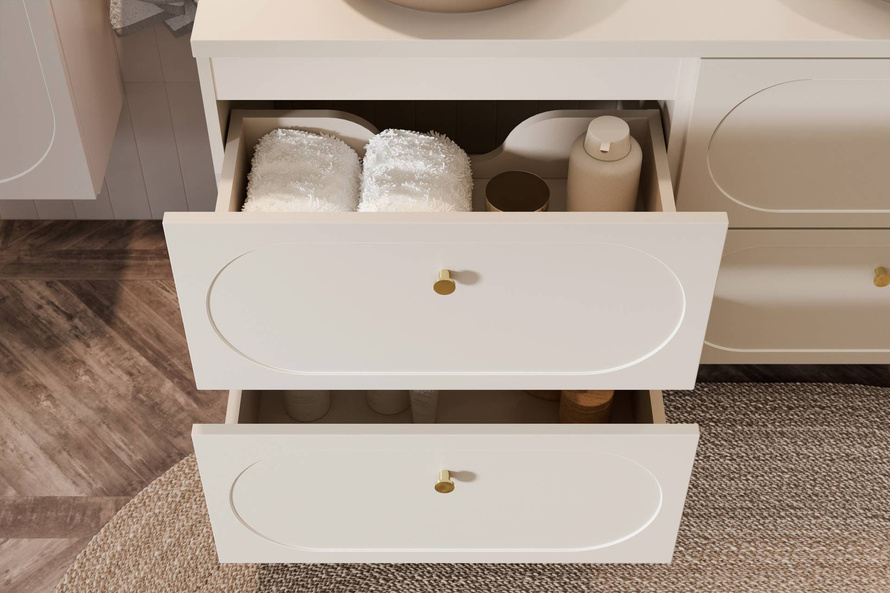 Zestaw Szafka Pod Umywalkę z Blatem 120 cm 4 Szuflady i 2 Umywalki Nablatowe Donna Sand