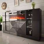 DIUNA-01 - Komoda 4D z Oświetleniem LED i Kominkiem Elektrycznym Czarny Mat Czarny Połysk