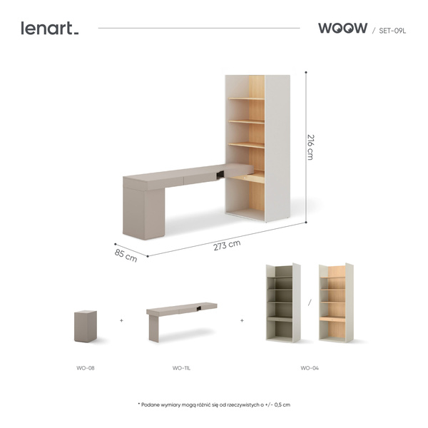 WOOW SET-WOS9LVB - Kontenerek i Biurko Lewe/Regał Szampan/Dąb/Clay Grey