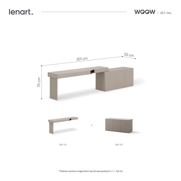 WOOW SET-WOS4L - Zestaw Komoda i Biurko Lewe Szampański/Dąb Vincenza Bielona/Clay Grey