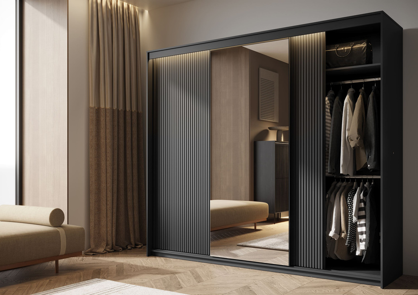 TREND SZAFA TZ-02 - Szafa 3-drzwiowa z Oświetleniem LED Kasztan Arvadonna Czarny Mat