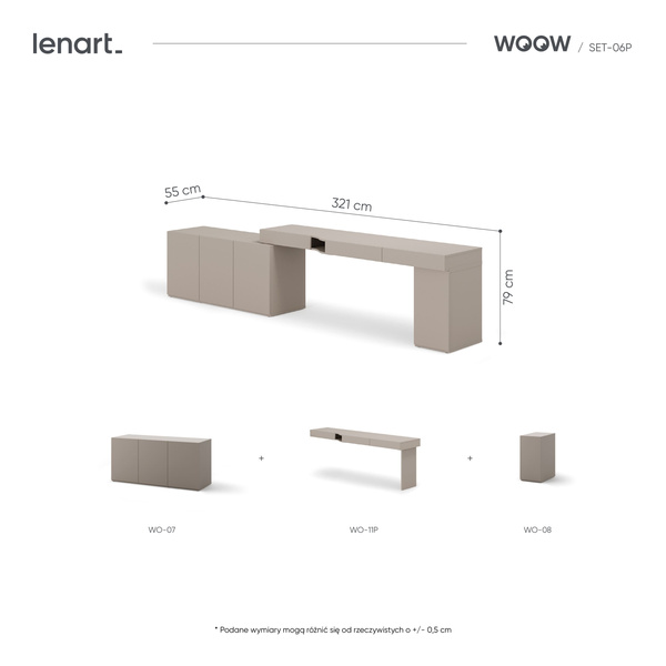 WOOW SET-WOS6P - Zestaw Komoda i Biurko Prawe/Kontenerek Szampański/Dąb Vincenza Bielona/Clay Grey