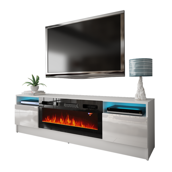 DUKE-01 - Komoda RTV 2D z Oświetleniem LED i Kominkiem Elektrycznym Biały Mat Biały Połysk