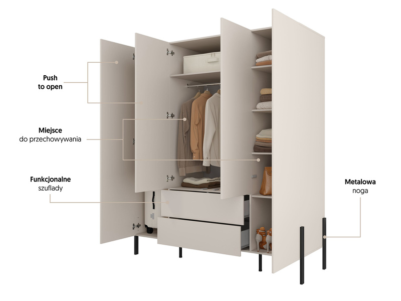 Jukon S - Szafa 4D2S Kaszmir Czarne Metalowe Nogi