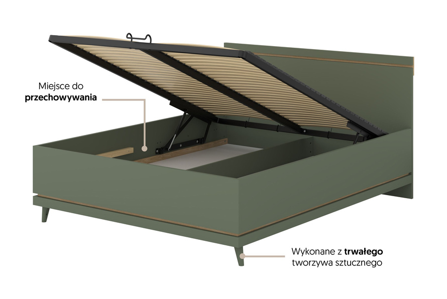 Scandi - Łóżko 160x200 cm ze Stelażem Zgaszona Zieleń Dąb Olejowany
