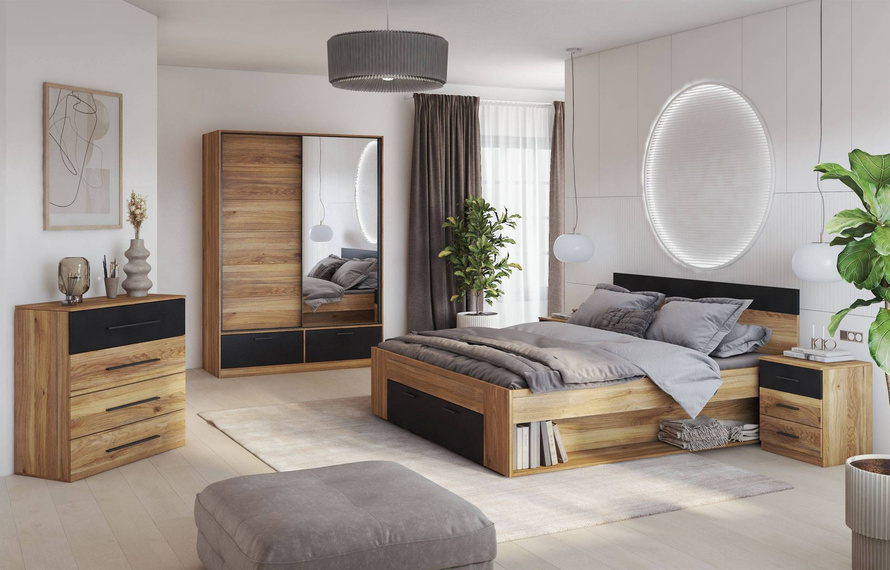 Beta – Łóżko 180/200 cm z Szufladami Dąb Mauvella Czarny mat
