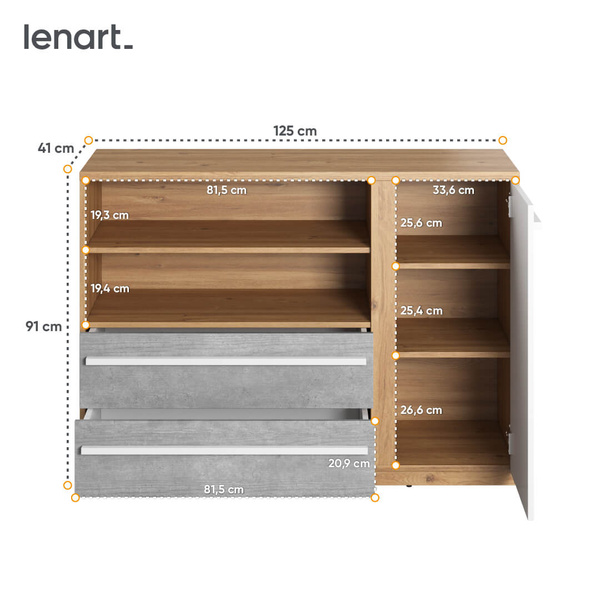 PLANO PN-05 - Komoda 1D2S Dąb Nash/Biały/Beton