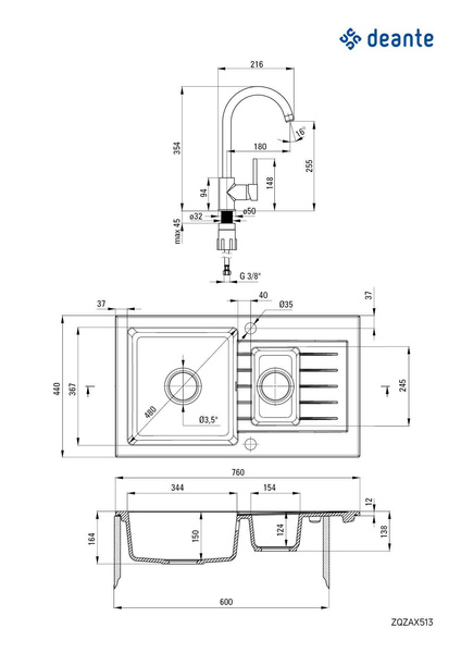 Zlewozmywak granitowy z baterią 1.5-komorowy z ociekaczem Zorba