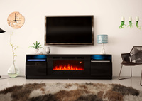 YORK-02 - Komoda RTV 2D z LED i Kominkiem Czarny Mat Czarny Połysk