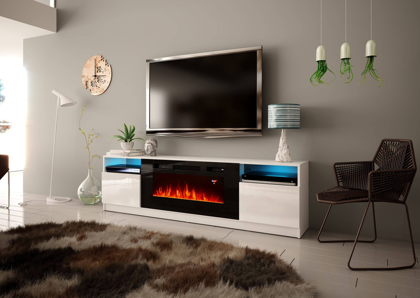 YORK-02 - Komoda RTV 2D z LED i Kominkiem Biały Mat Biały Połysk