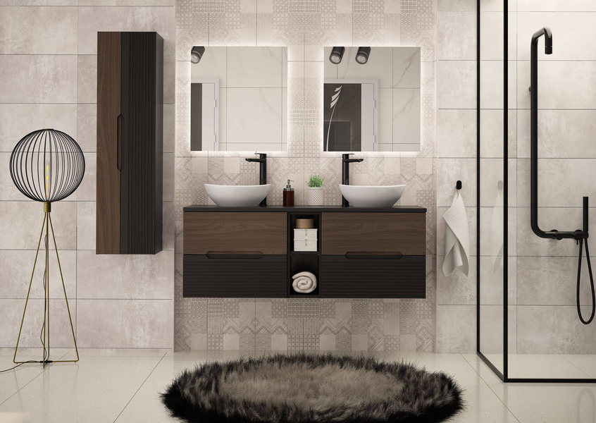 AVELLA-02 - Szafka pod Umywalkę z Blatem i Regałem 4S 140cm Czarny Mat Orzech Zestaw-7