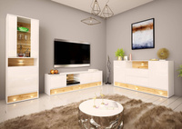 VISION-01 - Komoda RTV 3D z Oświetleniem LED Biały Mat Dąb Wotan Mat Biały Połysk