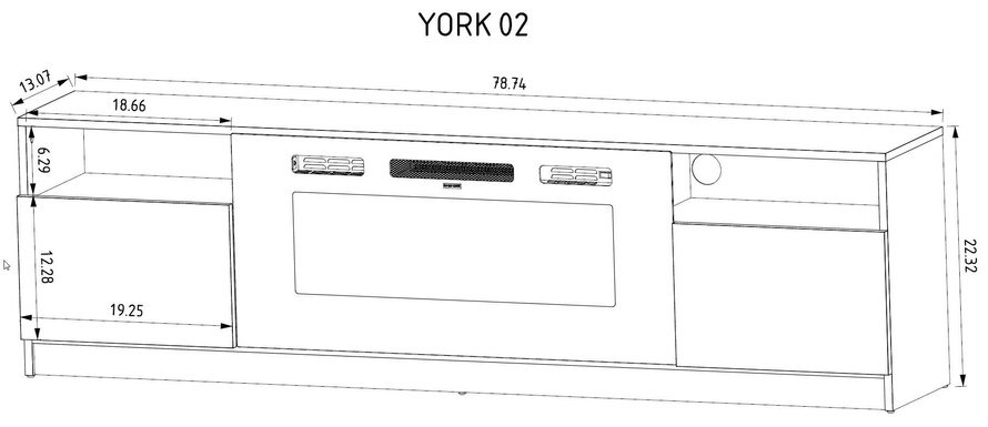 YORK-02 - Komoda RTV 2D z Oświetleniem LED i Kominkiem Elektrycznym Biały Mat Biały Połysk