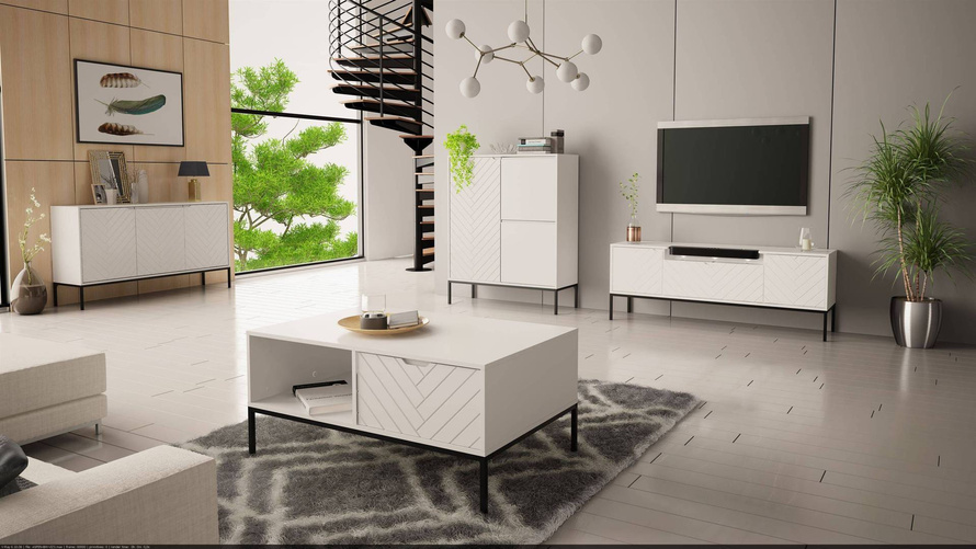 ASPEN-06 - Komoda RTV 3D z Soundbarem JBL i Oświetleniem LED Biały Mat Czarny Stelaż