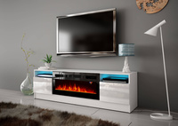 DUKE-01 - Komoda RTV 2D z Oświetleniem LED i Kominkiem Elektrycznym Biały Mat Biały Połysk