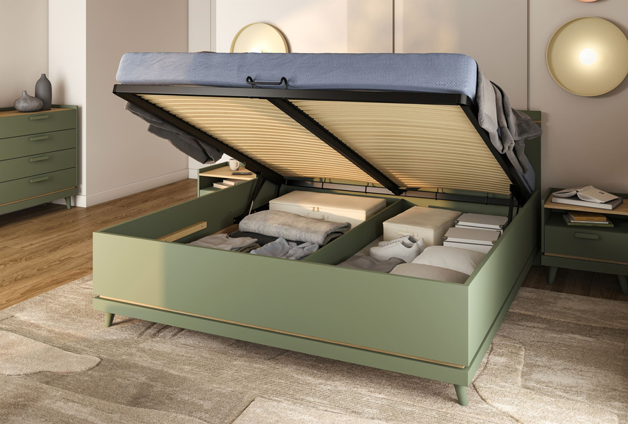 Scandi - Łóżko 160x200 cm ze Stelażem Zgaszona Zieleń Dąb Olejowany