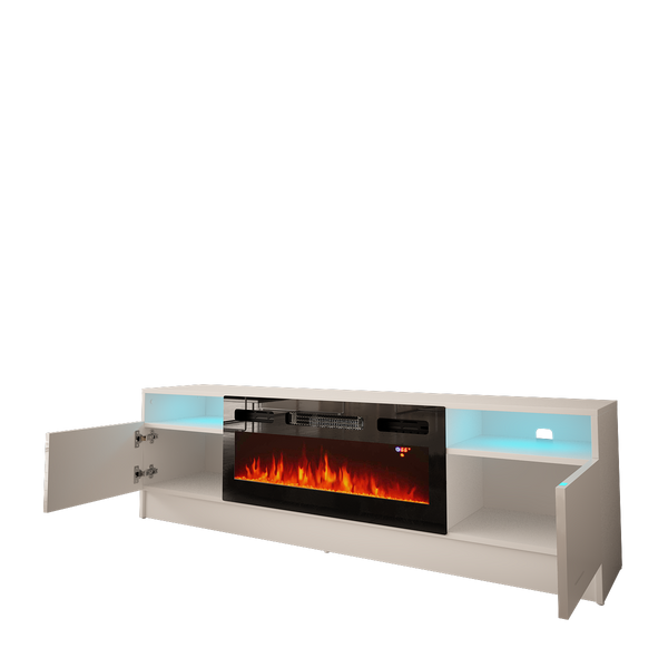 DUKE-01 - Komoda RTV 2D z Oświetleniem LED i Kominkiem Elektrycznym Biały Mat Biały Połysk