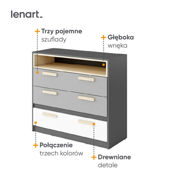 POK PO-08 - Komoda 3S Grafit/Buk Ibsen/Szara Jasna