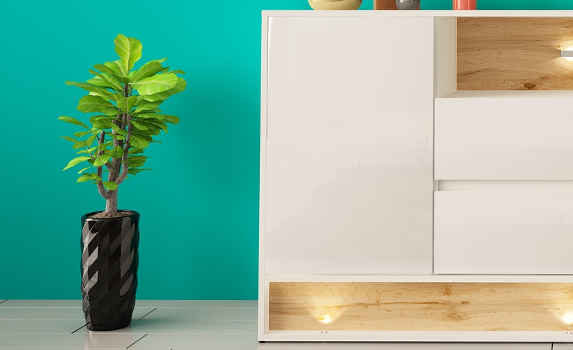 VISION-02 - Komoda 2D2S z Oświetleniem LED Biały Mat Dąb Wotan Mat Biały Połysk