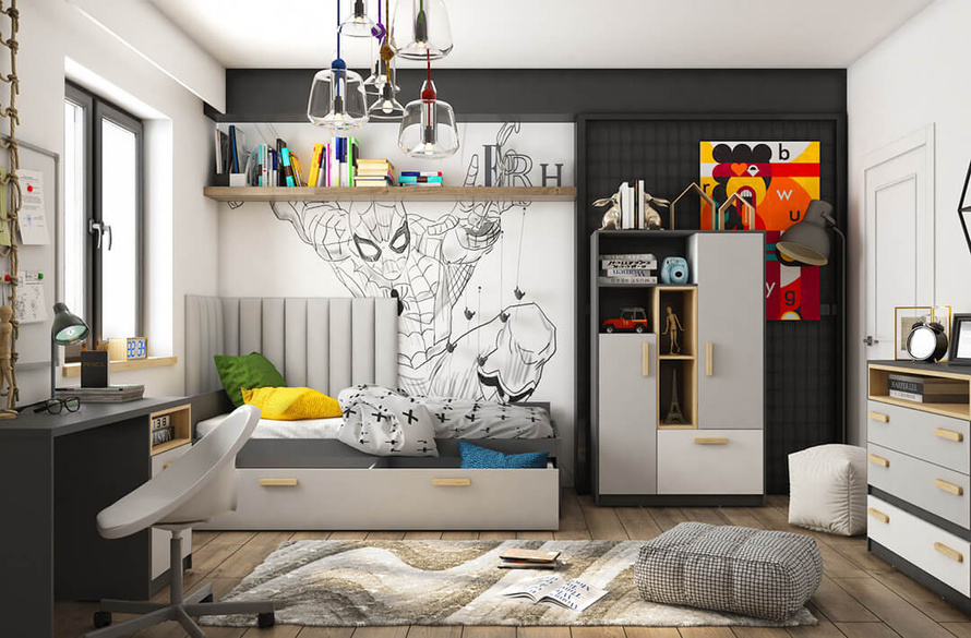 POK PO-13 - Łóżko Górne z Materacem Grafit/Buk Ibsen/Szary Jasny