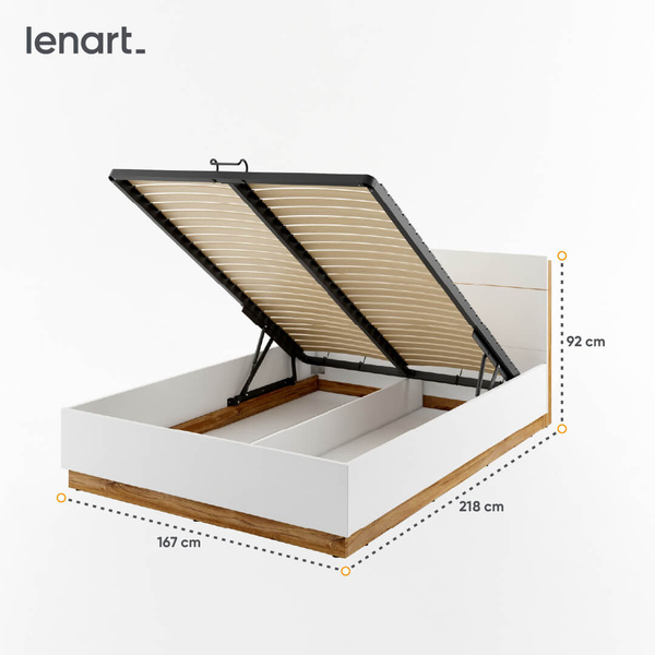 DENTRO DT-02 - Łóżko (160) Z Pojemnikiem I Oświetleniem Białe/Dąb Stirling
