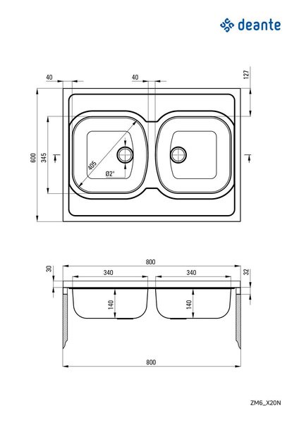 Zlewozmywak stalowy 2-komorowy - nakładany Tango