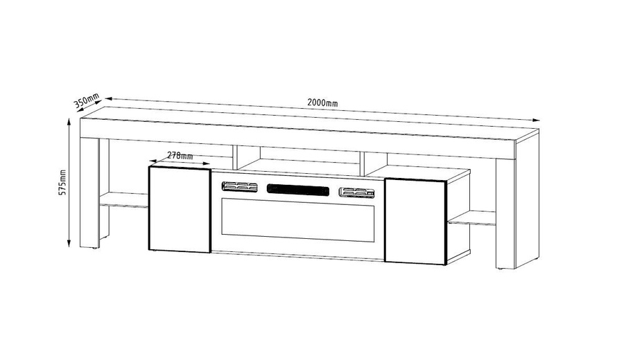 SOLEO-01 - Komoda RTV 2D z Oświetleniem LED i Kominkiem Elektrycznym Czarny Mat Czarny Połysk