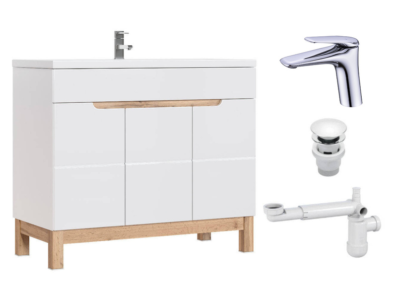 Szafka 100 cm Bali Biały z umywalką, baterią i syfonem z korkiem