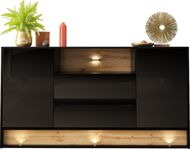 VISION-02 - Komoda 2D2S z Oświetleniem LED Czarny Mat Dąb Wotan Mat Czarny Połysk