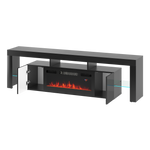 SOLEO-01 - Komoda RTV 2D z Oświetleniem LED i Kominkiem Elektrycznym Czarny Mat Czarny Połysk