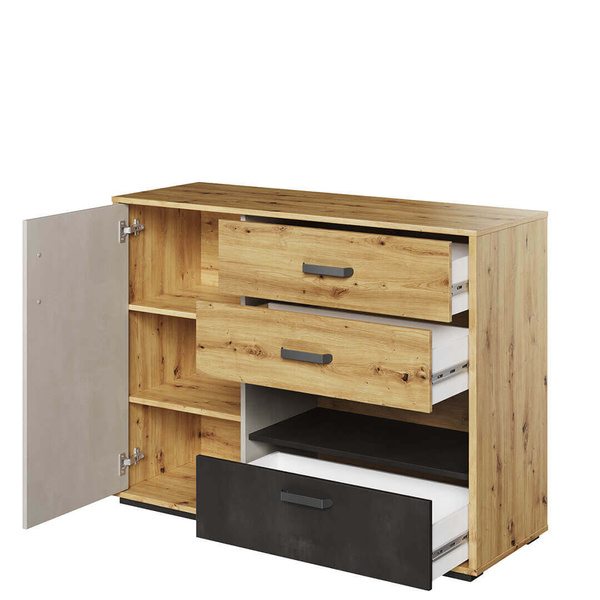 QUBIC QB-07 - Komoda 1D3S Dąb Artisan/Stal/Silk Flou