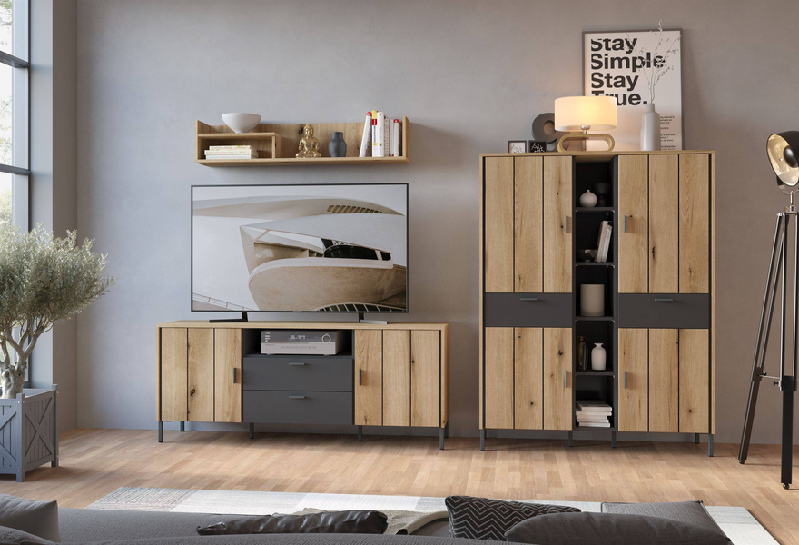 Shirley SHIF102 – Komoda RTV 2D2S Dąb Coast Evoke/Antracyt/Nadruk