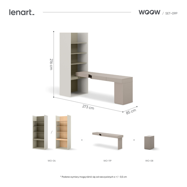 WOOW SET-WOS9PE - Zestaw Kontenerek i Biurko Prawe/Regał Szampan/Eukaliptus