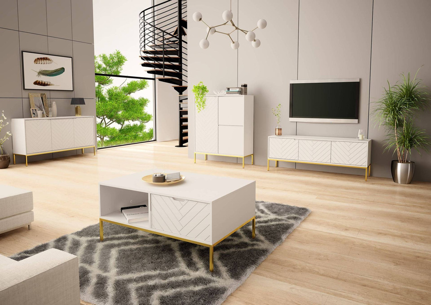 ASPEN-01 - Komoda RTV 3-drzwiowa Biały Mat Złoty Stelaż