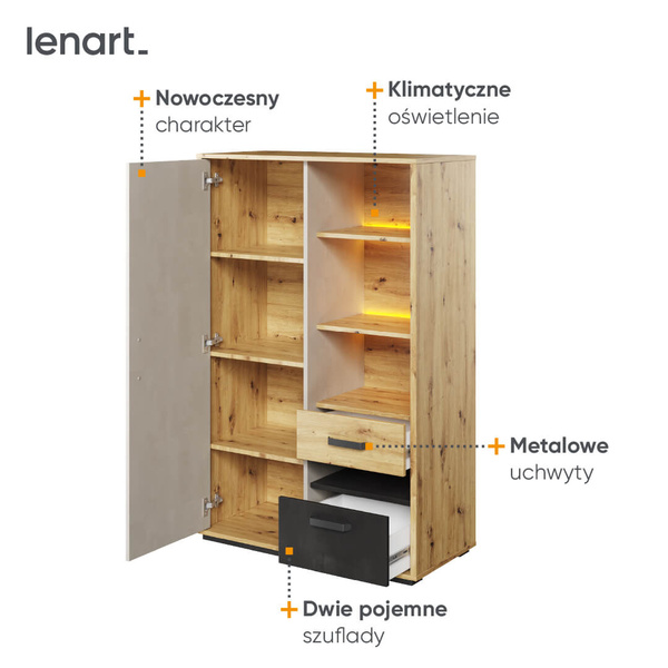 QUBIC QB-05 - Szafka 1D2S Z Oświetleniem Dąb Artisan/Stal/Silk Flou