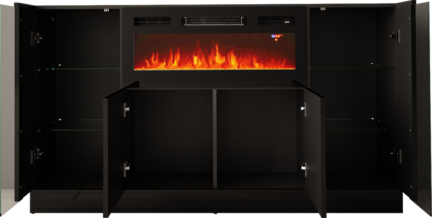 DIUNA-01 - Komoda 4D z Oświetleniem LED i Kominkiem Elektrycznym Czarny Mat Czarny Połysk