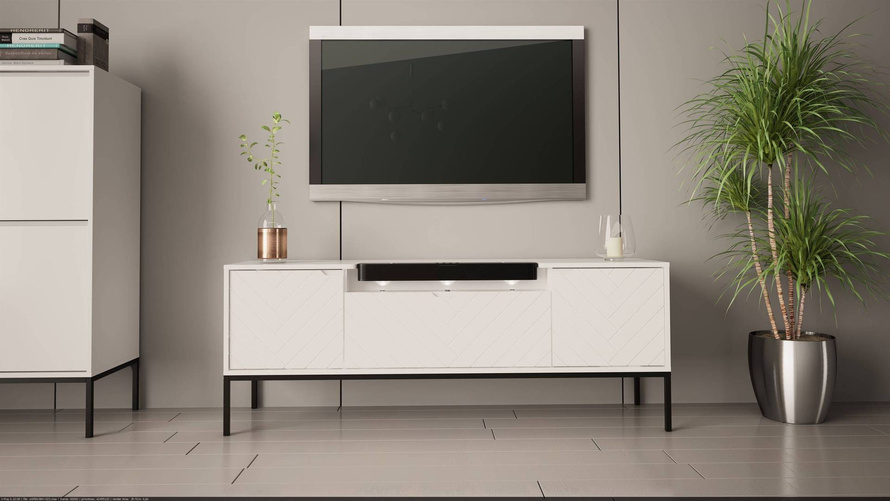 ASPEN-06 - Komoda RTV 3D z Soundbarem JBL i Oświetleniem LED Biały Mat Czarny Stelaż