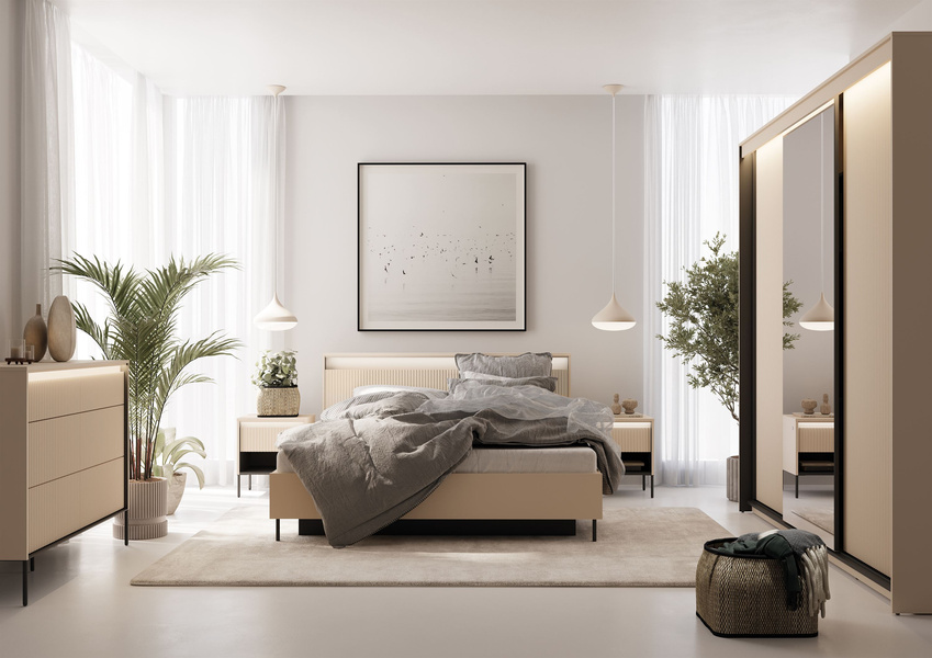 TREND TS-06 - Komoda 6 Szuflad z Oświetleniem LED Beż Piaskowy Czarny Mat