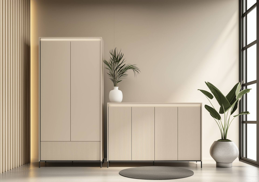 TREND TG-04 - Komoda 4-drzwiowa z Oświetleniem LED Beż Piaskowy Czarny Mat