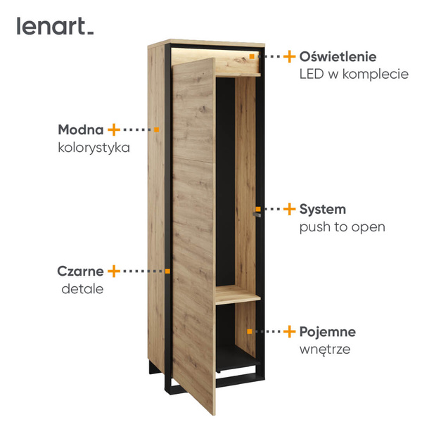 QUANT GARDEROBA QG-01 - Szafa 1-drzwiowa Z Oświetleniem Dąb Artisan/Czarna