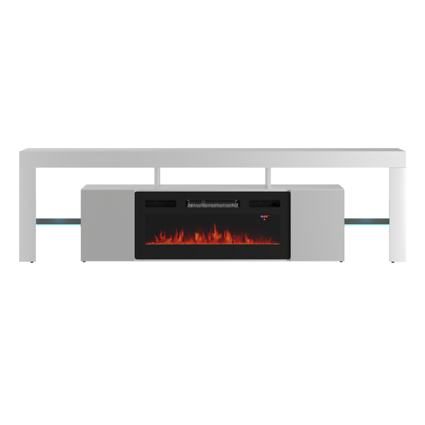 SOLEO-01 - Komoda RTV 2D z Oświetleniem LED i Kominkiem Elektrycznym Biały Mat Biały Połysk