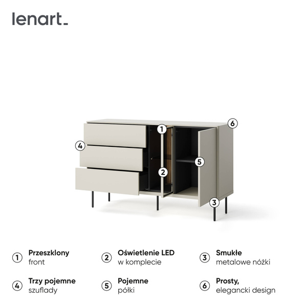 EPIRO EP-03 - Komoda 1D3S1W 133 cm z Oświetleniem Kaszmir Dąb Ciemny