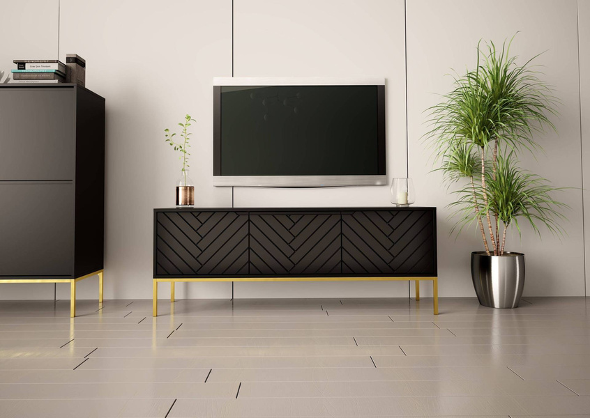 ASPEN-01 - Komoda RTV 3-drzwiowa Czarny Mat Złoty Stelaż