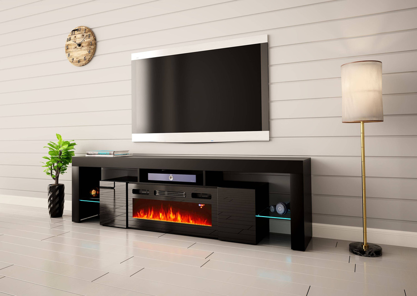 SOLEO-01 - Komoda RTV 2D z Oświetleniem LED i Kominkiem Elektrycznym Czarny Mat Czarny Połysk