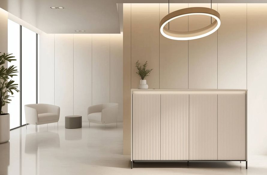 TREND TG-04 - Komoda 4-drzwiowa z Oświetleniem LED Beż Piaskowy Czarny Mat