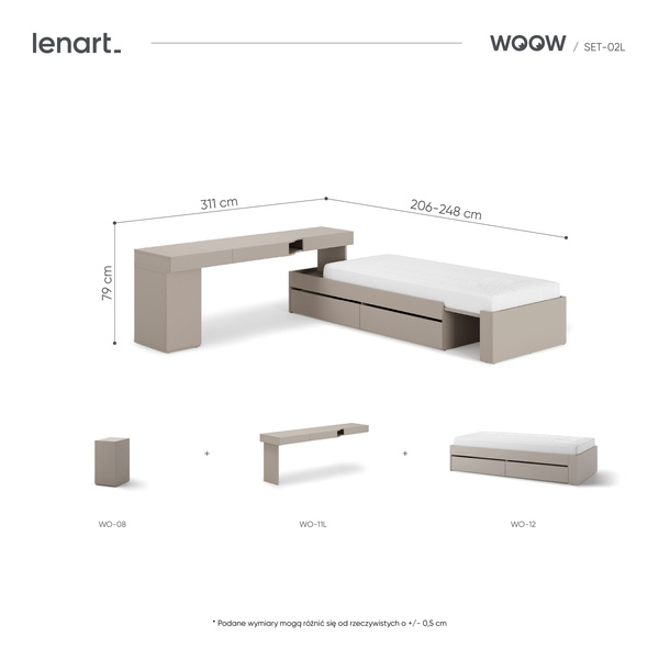 WOOW SET-WOS2L - Zestaw Kontenerek/Biurko Lewe i Łóżko Szampański/Dąb Vincenza Bielona/Clay Grey