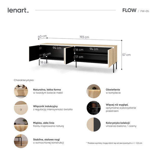 FLOW FW-05 - Komoda RTV 4D z Oświetleniem Dąb Vincenza Bielona Czarny Mat