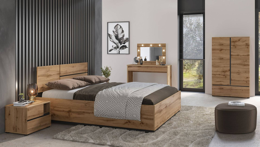 Cross S - Łóżko z Pojemnikiem i Stelażem 160 cm Dąb Wotan Czarny Onyks Mat