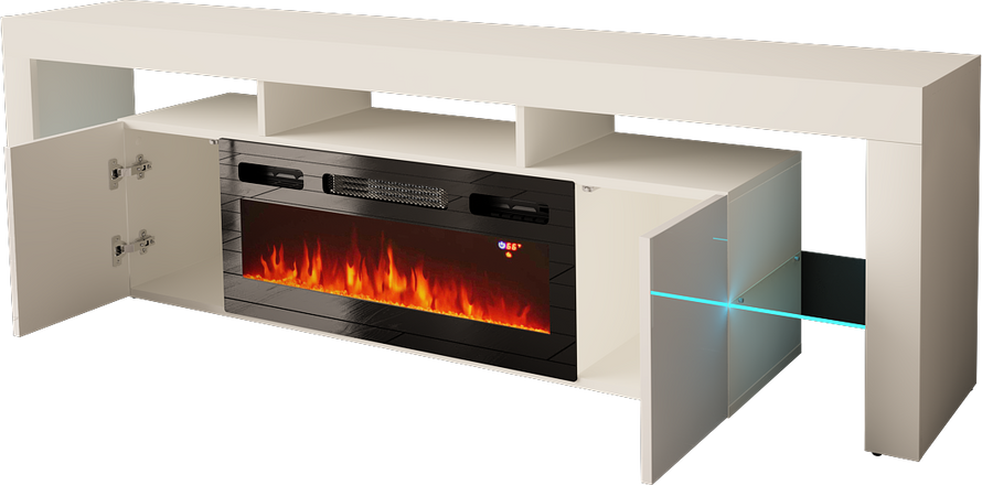 SOLEO-01 - Komoda RTV 2D z Oświetleniem LED i Kominkiem Elektrycznym Biały Mat Biały Połysk