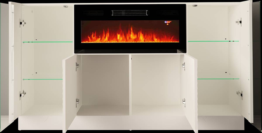 DIUNA-01 - Komoda 4D z Oświetleniem LED i Kominkiem Elektrycznym Biały Mat Biały Połysk